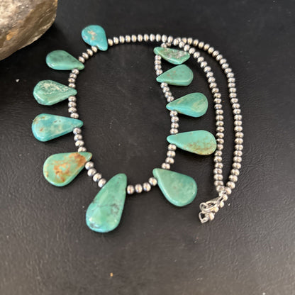 Blue Turquoise Teardrop Navajo Pearls Sterling Silver Necklace 14387