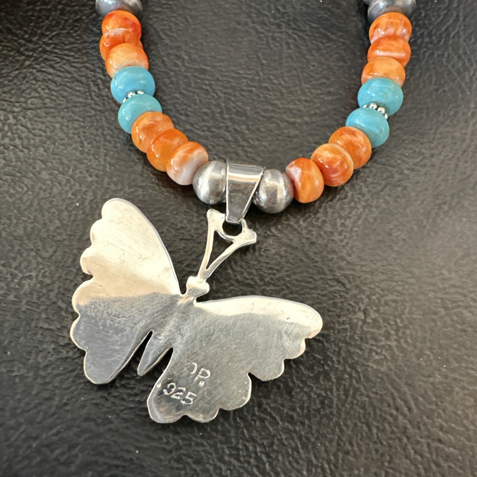 Butterfly Orange Spiny Turquoise Opal Sterling Silver  Necklace Pendant 18677