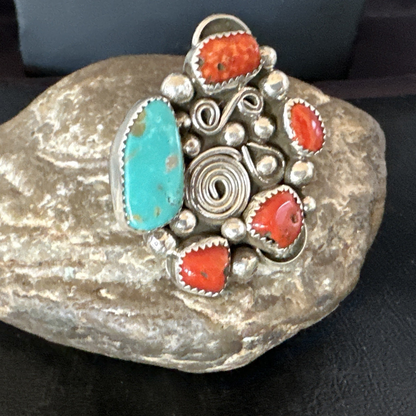 Navajo Blue Turquoise Coral Ring Multi-Stone Cluster Sz 9.5 19778