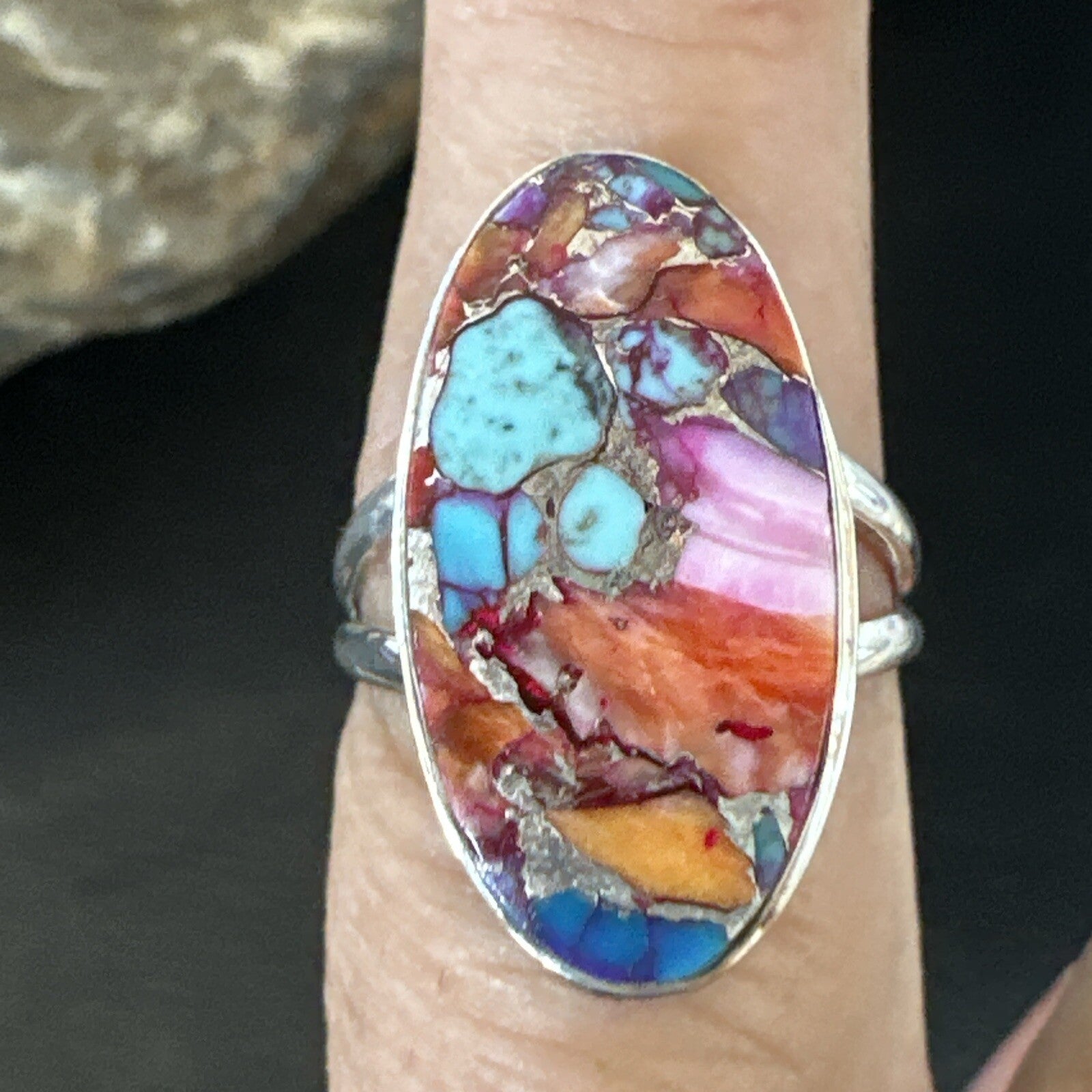 Blue Turquoise Spiny Oyster Navajo Sterling Silver Ring Size 8 18214