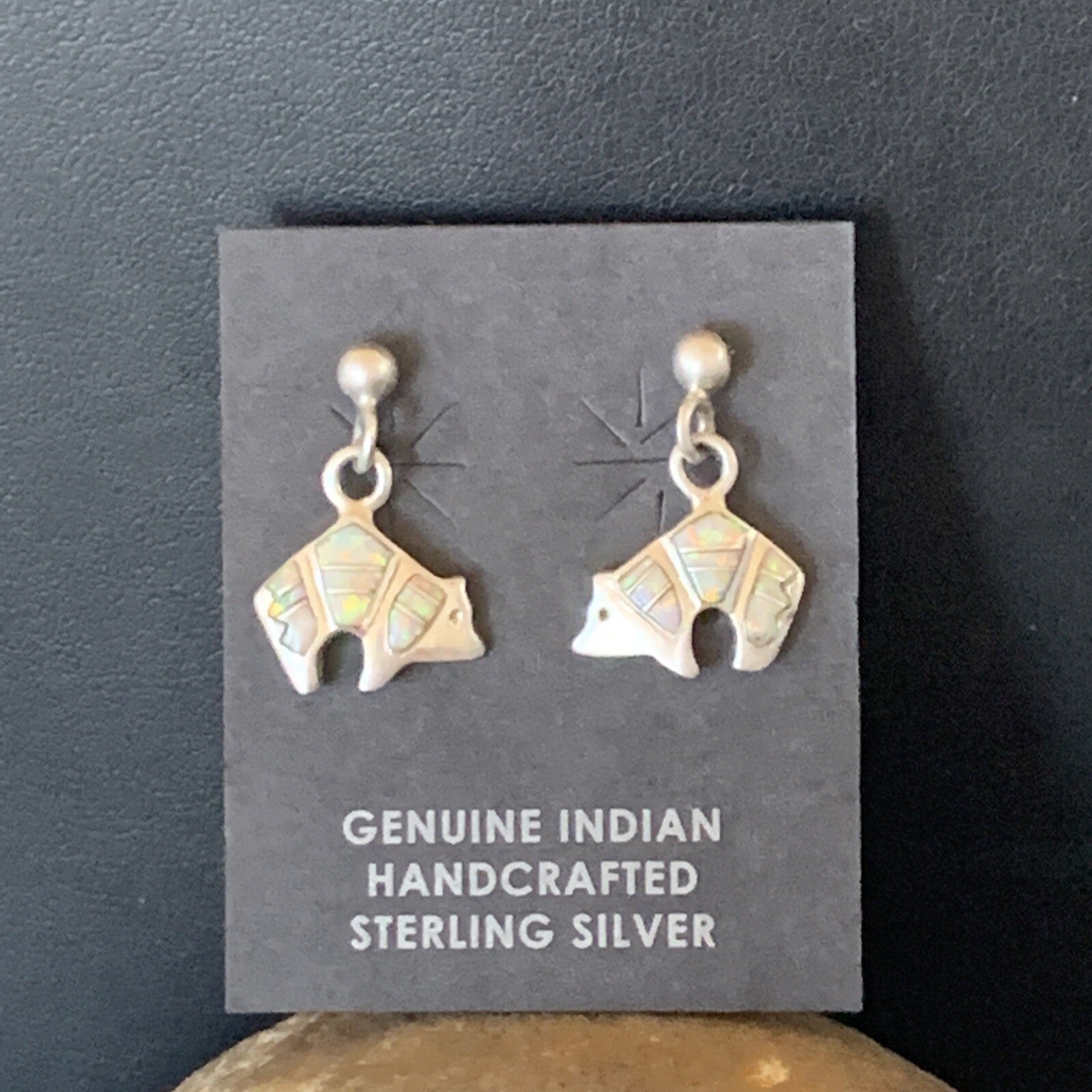 Womens White Opal Bear Inlay Navajo Sterling Silver Dangle Post Earrings 12767
