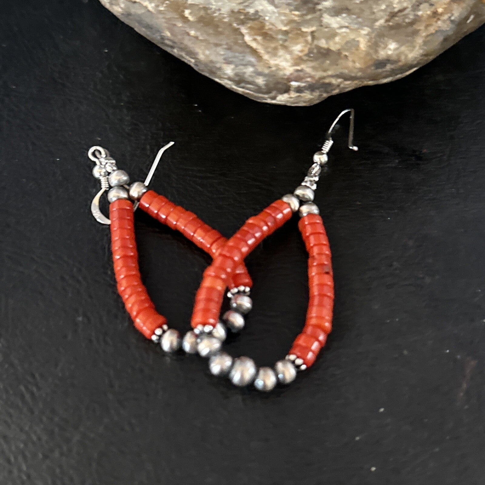 Native American Red Coral Bead Earrings Navajo Sterling Silver 14383