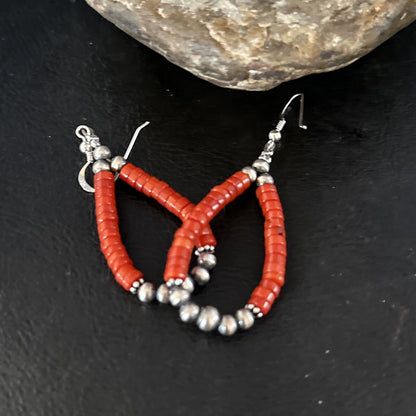 Native American Red Coral Bead Earrings Navajo Sterling Silver 14383