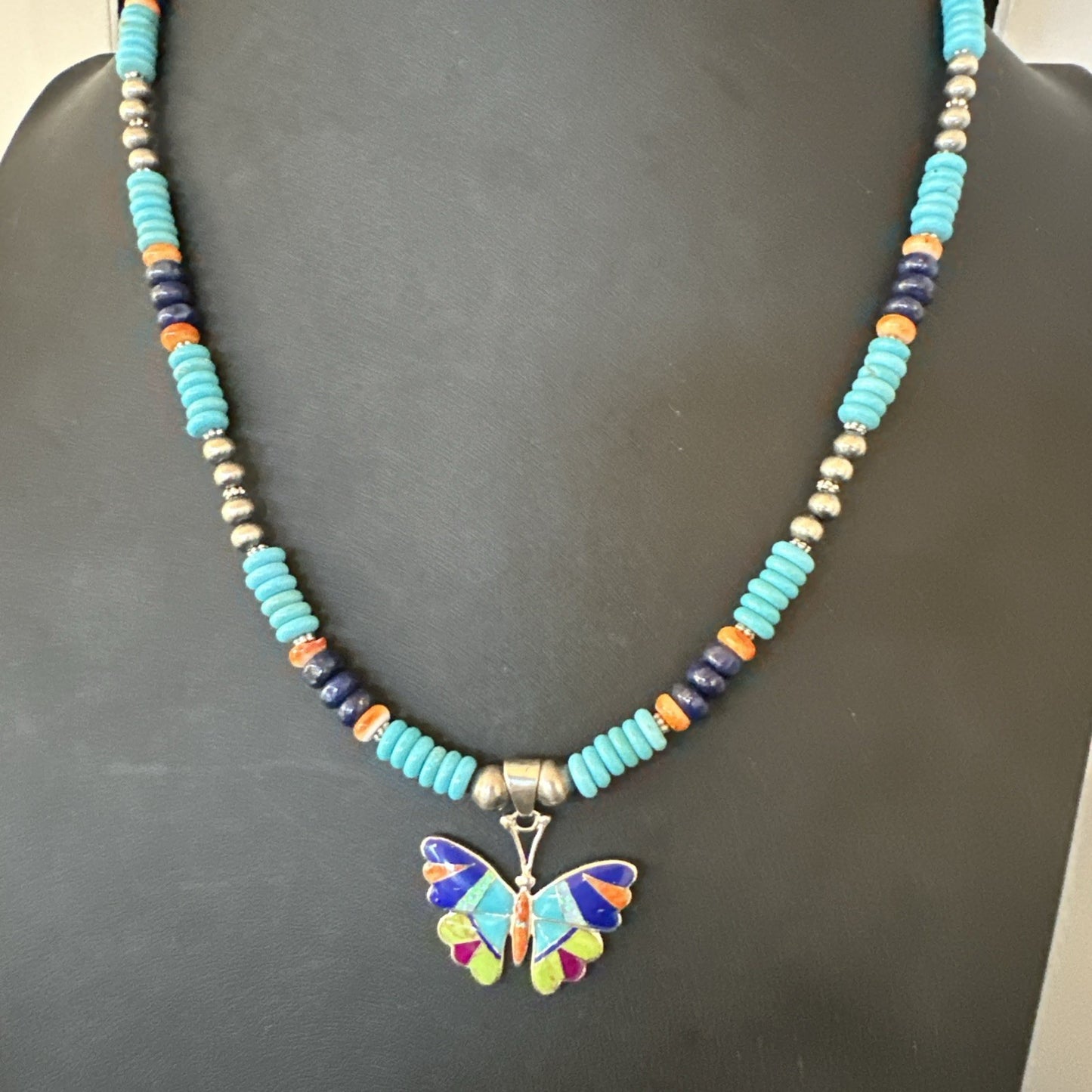 Butterfly Multicolor Turquoise Pendant Navajo Sterling Silver Necklace 19652