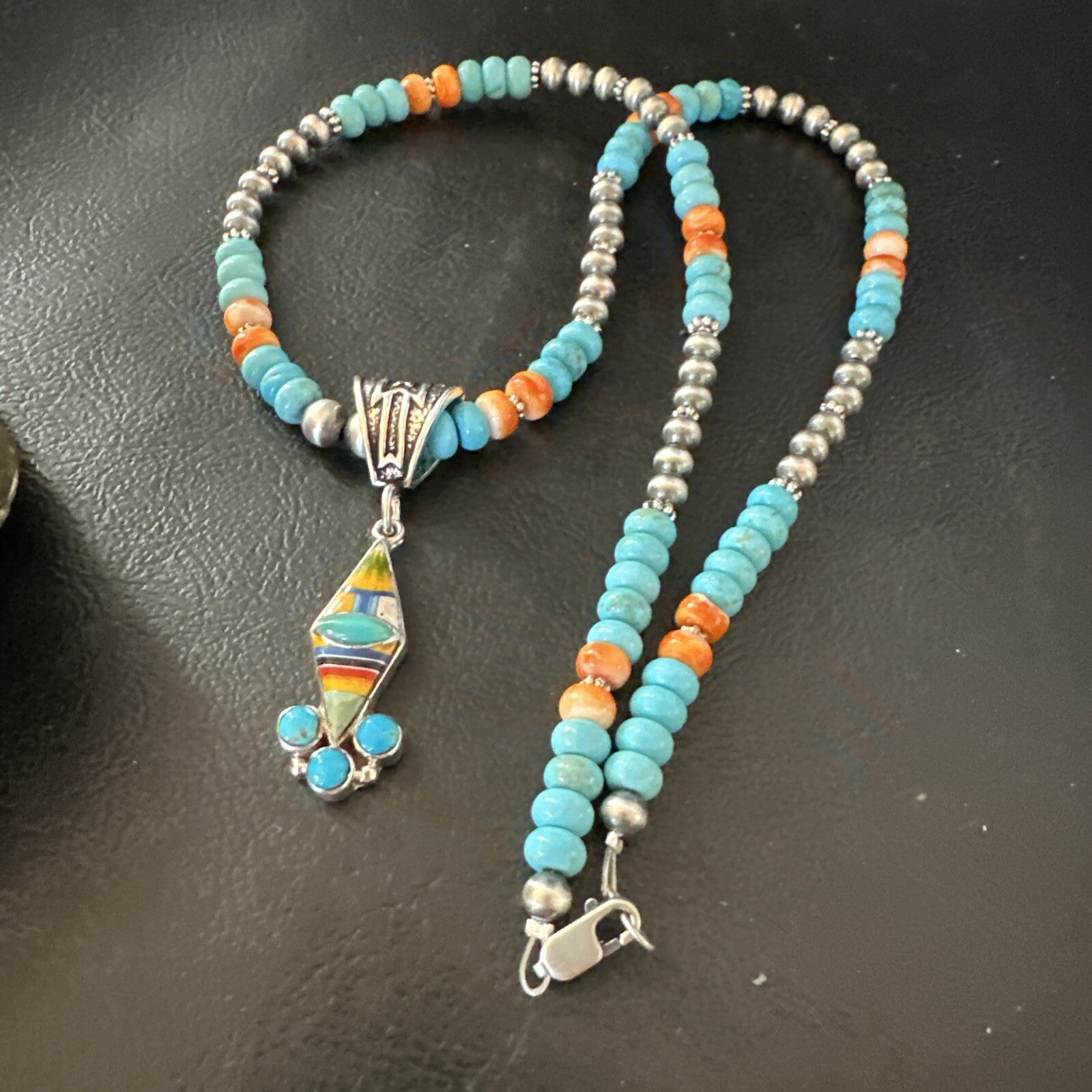 Multicolor Turquoise Pendant Navajo Sterling Silver Beads Necklace 18730