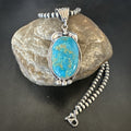 Men's Blue Kingman Turquoise Pendant Navajo Pearls Necklace | Sterling Silver | Authentic Native American Handmade | 19344