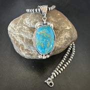 Men's Blue Kingman Turquoise Pendant Navajo Pearls Necklace | Sterling Silver | Authentic Native American Handmade | 19344