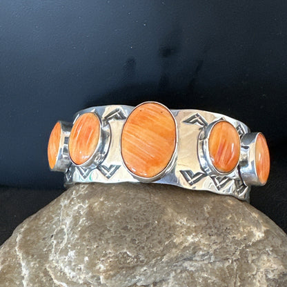 Orange Spiny Oyster 5 Stone Row Sterling Silver Navajo Cuff Bracelet 7.7" 19475