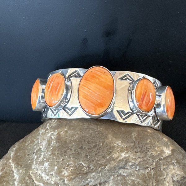 Orange Spiny Oyster 5 Stone Row Navajo Cuff Bracelet 7.7" | Sterling Silver | Authentic Native American Handmade | 19475