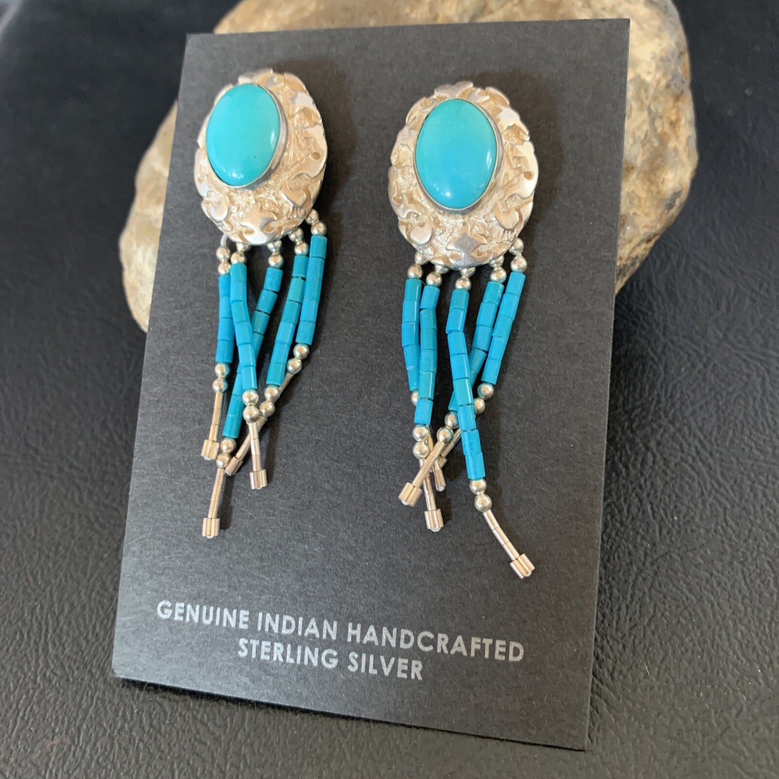 Native Womens Nugget Sterling Silver Blue Turquoise Dangle Earrings 2" 13013