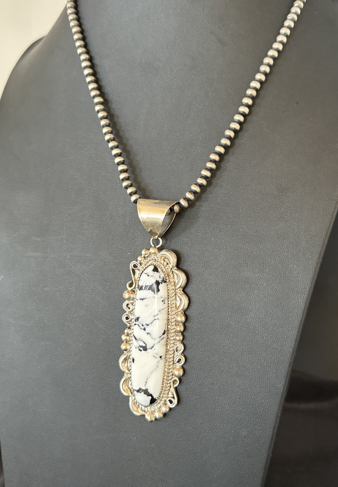 XXL White Buffalo Turquoise Pendant Navajo Sterling Silver Necklace 4" 19759