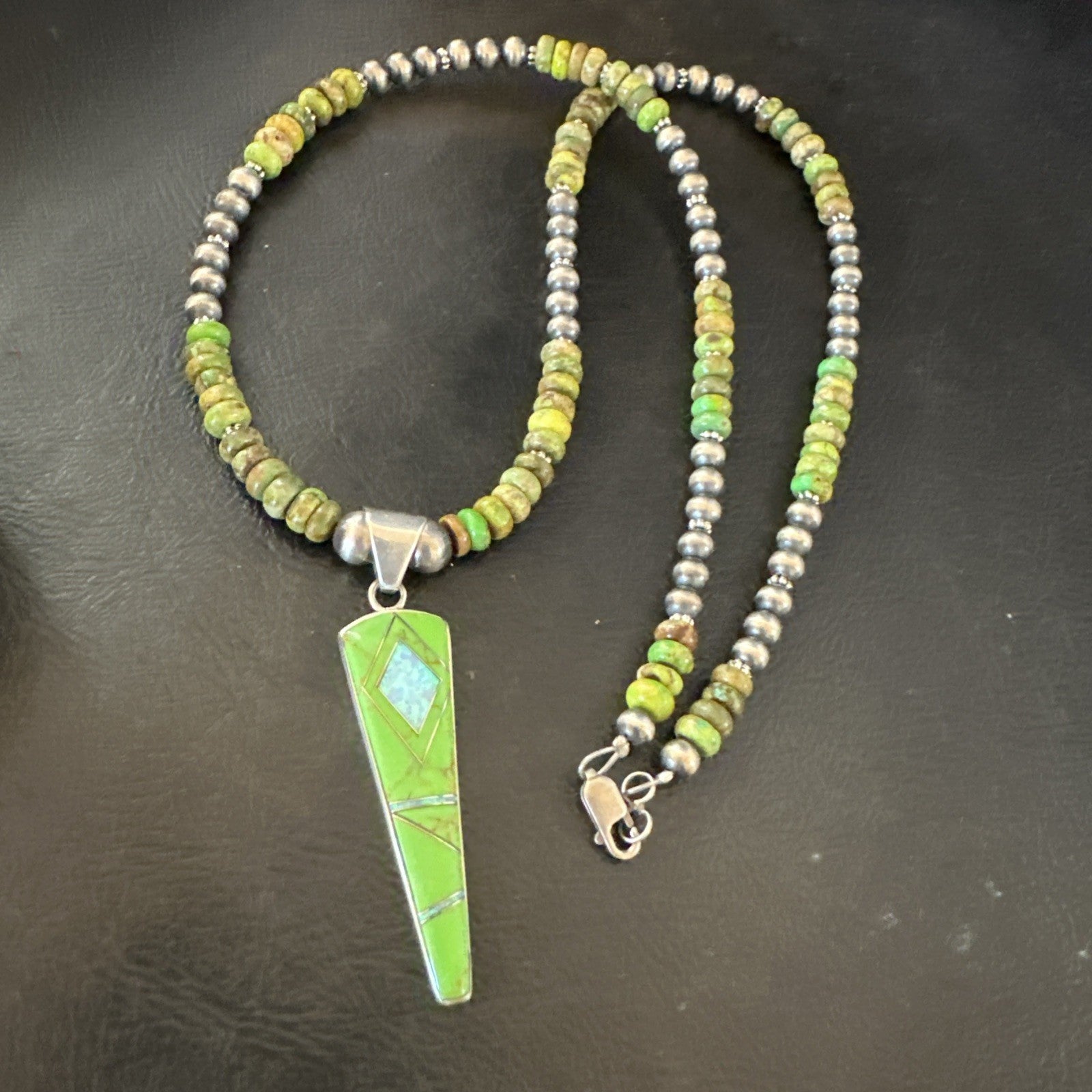 Womens Green Gaspeite Turquoise Opal Pendant Sterling Silver Necklace 19547