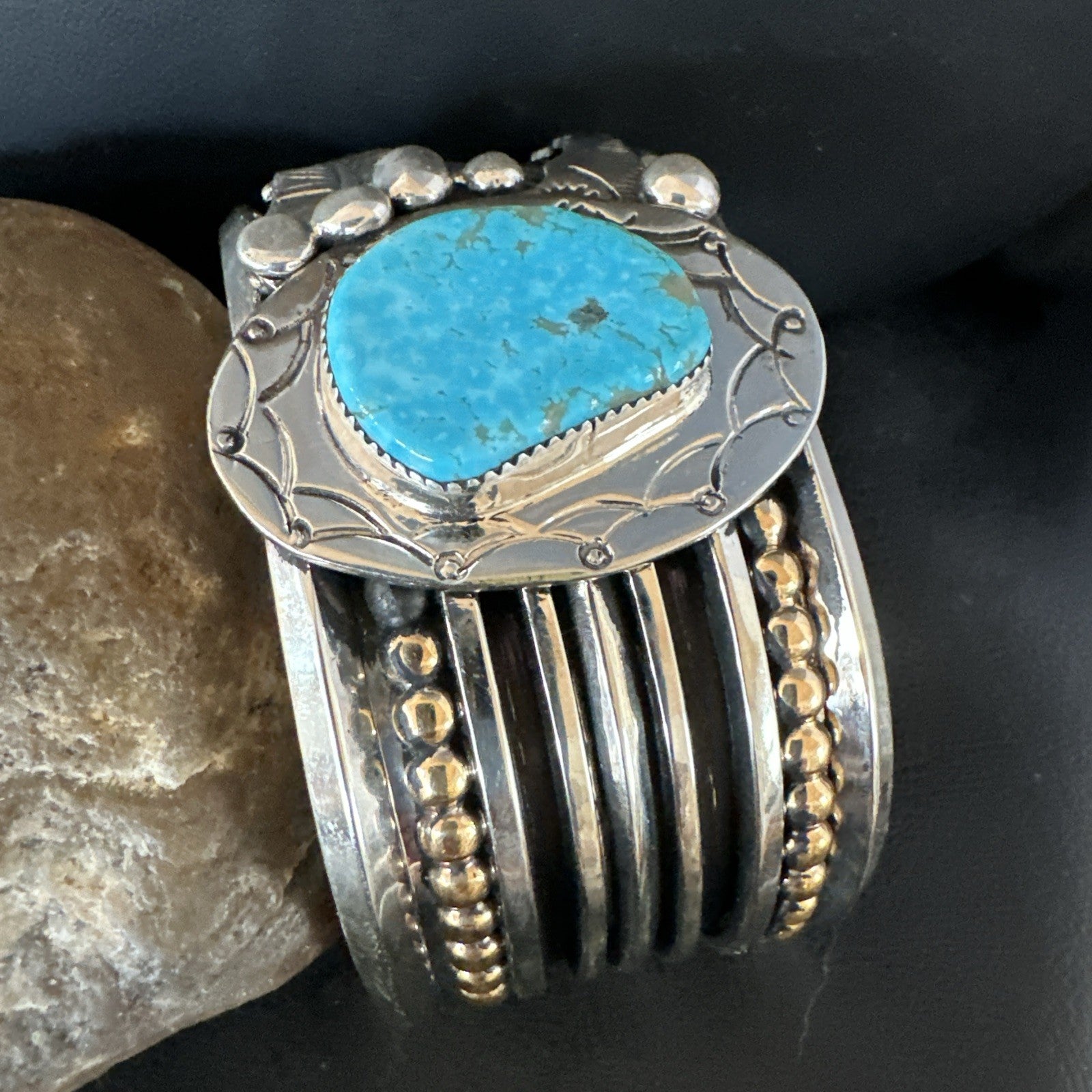 Blue Turquoise Navajo Sterling Silver Cuff Bracelet 12K Gold 19131