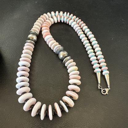 Pink Queen Conch Turquoise Graduated Navajo Sterling Silver Necklace 24” 19016