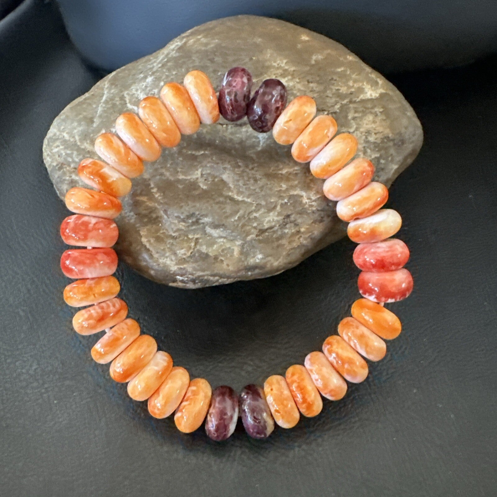 Mens Womens Orange Purple Spiny Oyster Sterling Silver Stretch Bracelet 9" 18859