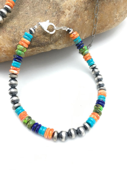 Southwestern Turquoise Spiny Lapis Silver Necklace Bracelet Set 8" 02762