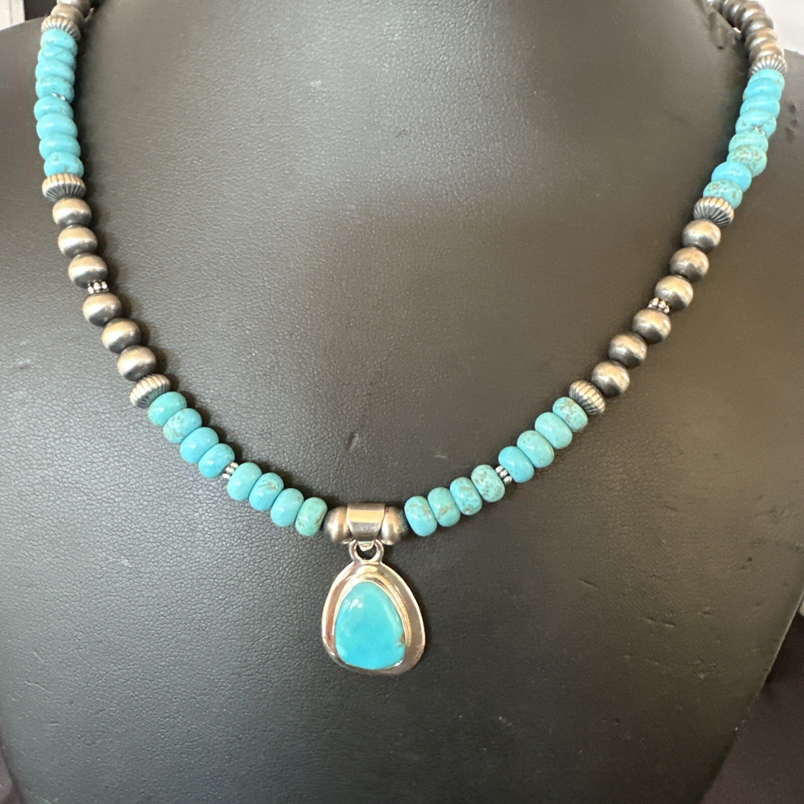 Mens Blue Kingman Turquoise Pendant Navajo Sterling Silver Necklace 21" 18107