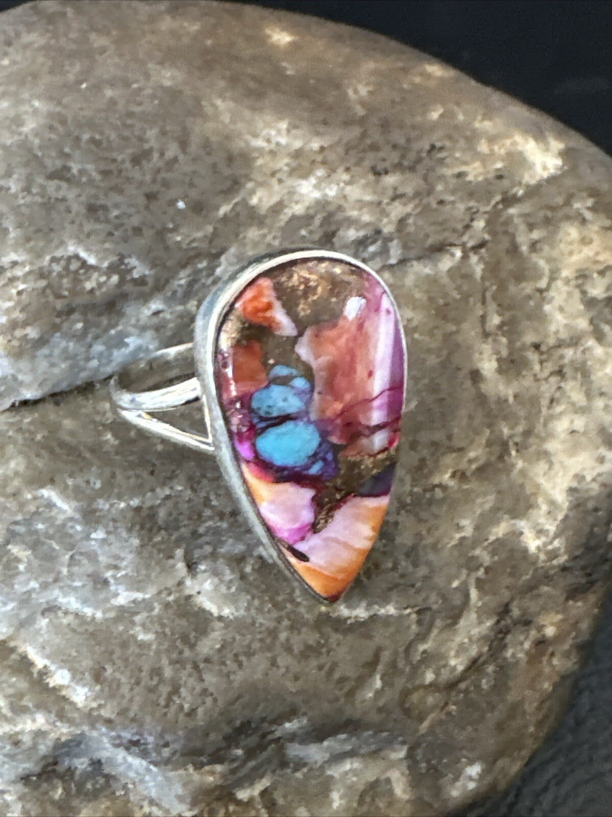 Blue Turquoise Spiny Oyster Southwestern Sterling Silver Ring Size 7 18433