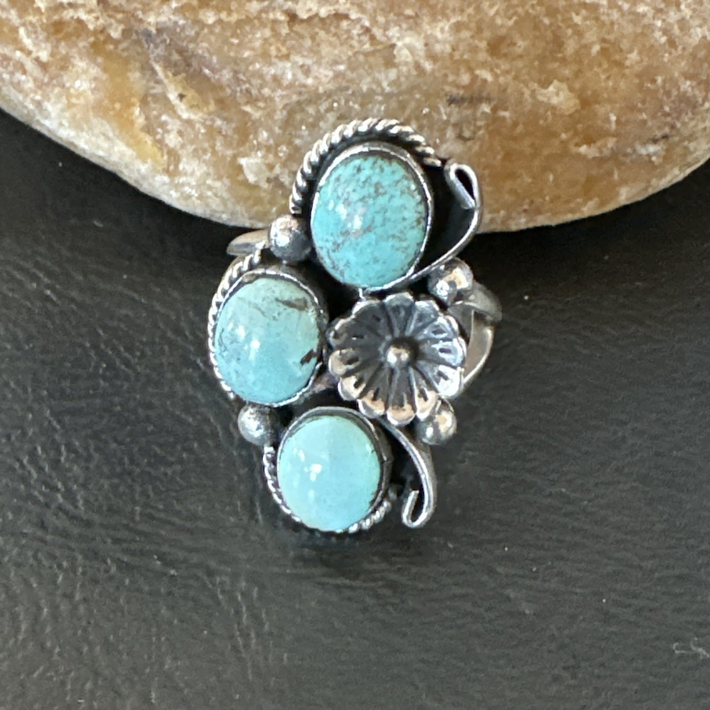 Yazzie Ring Blue Turquoise Navajo Sterling Silver Cluster Size 10 19218