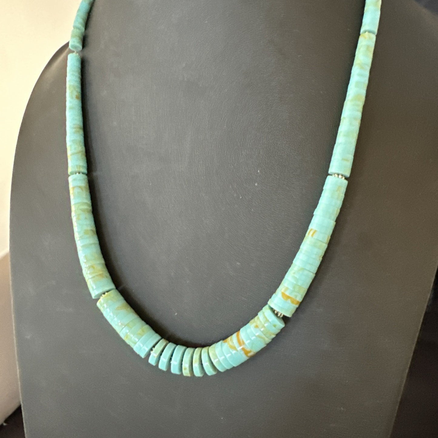 23” Turquoise Heishi Stabilized Graduated Blue Gr Sterling Silver Necklace 19726