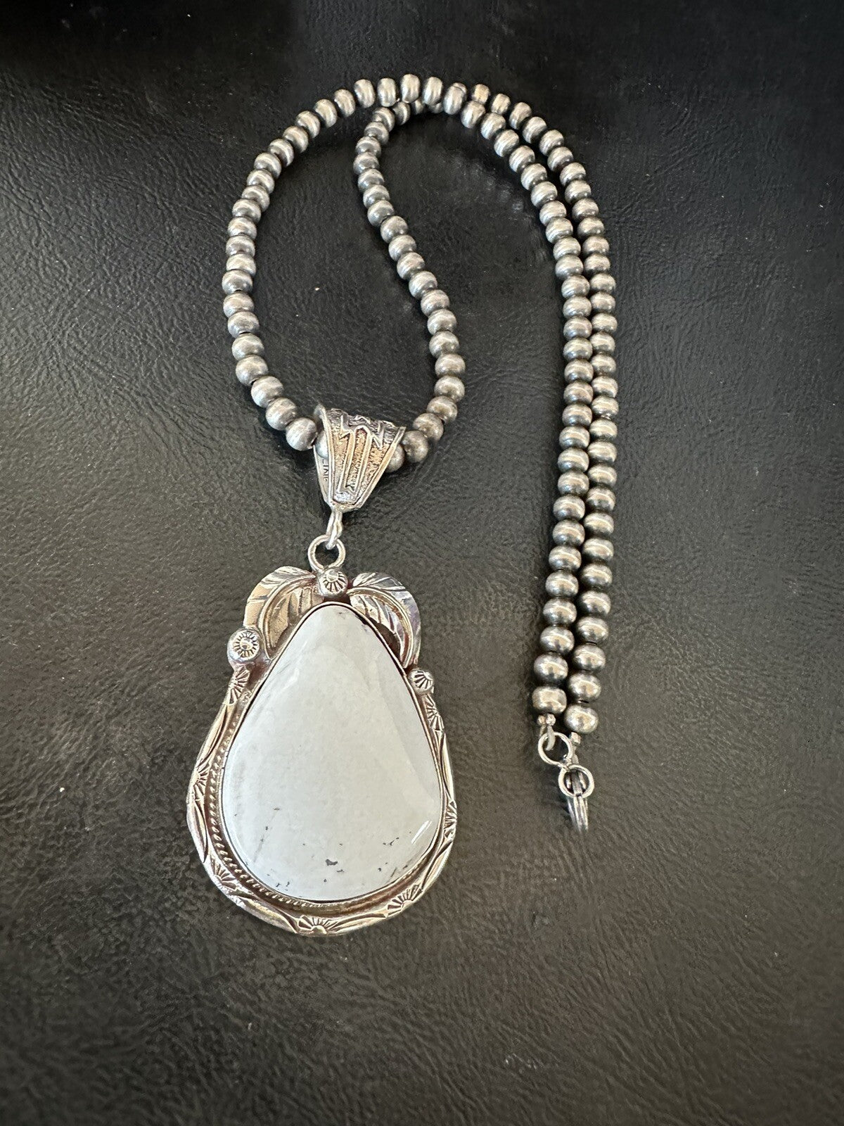 Mens White Buffalo Turquoise Pendant Sterling Silver Beads Necklace 18310