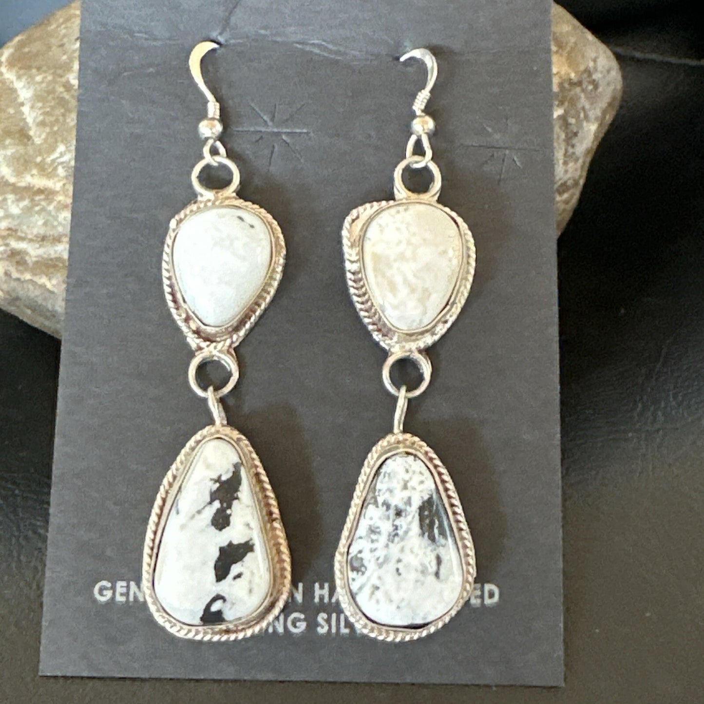 Womens White Buffalo Turquoise Navajo Sterling Silver Dangle Earrings 2” 17962