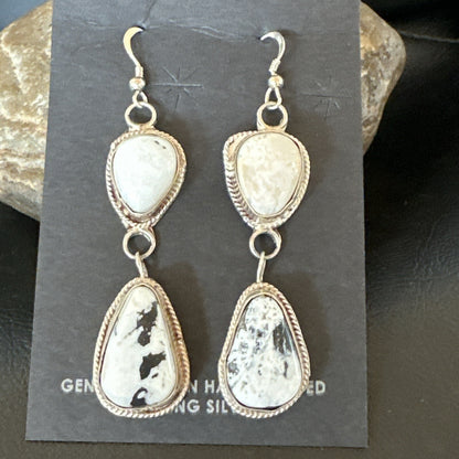 Womens White Buffalo Turquoise Navajo Sterling Silver Dangle Earrings 2” 17962