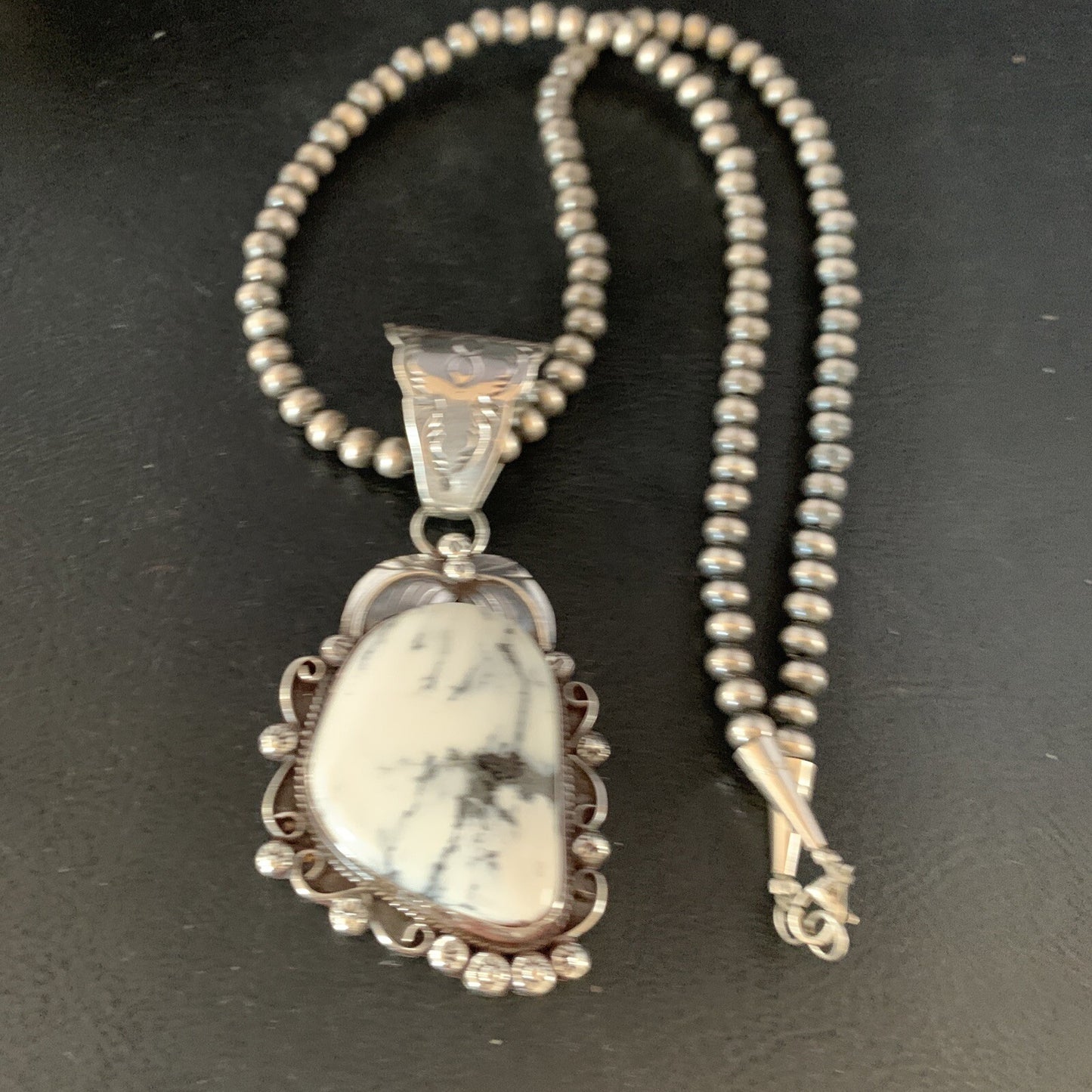 White Buffalo Turquoise Pendant Necklace Sterling Silver Navajo 13993