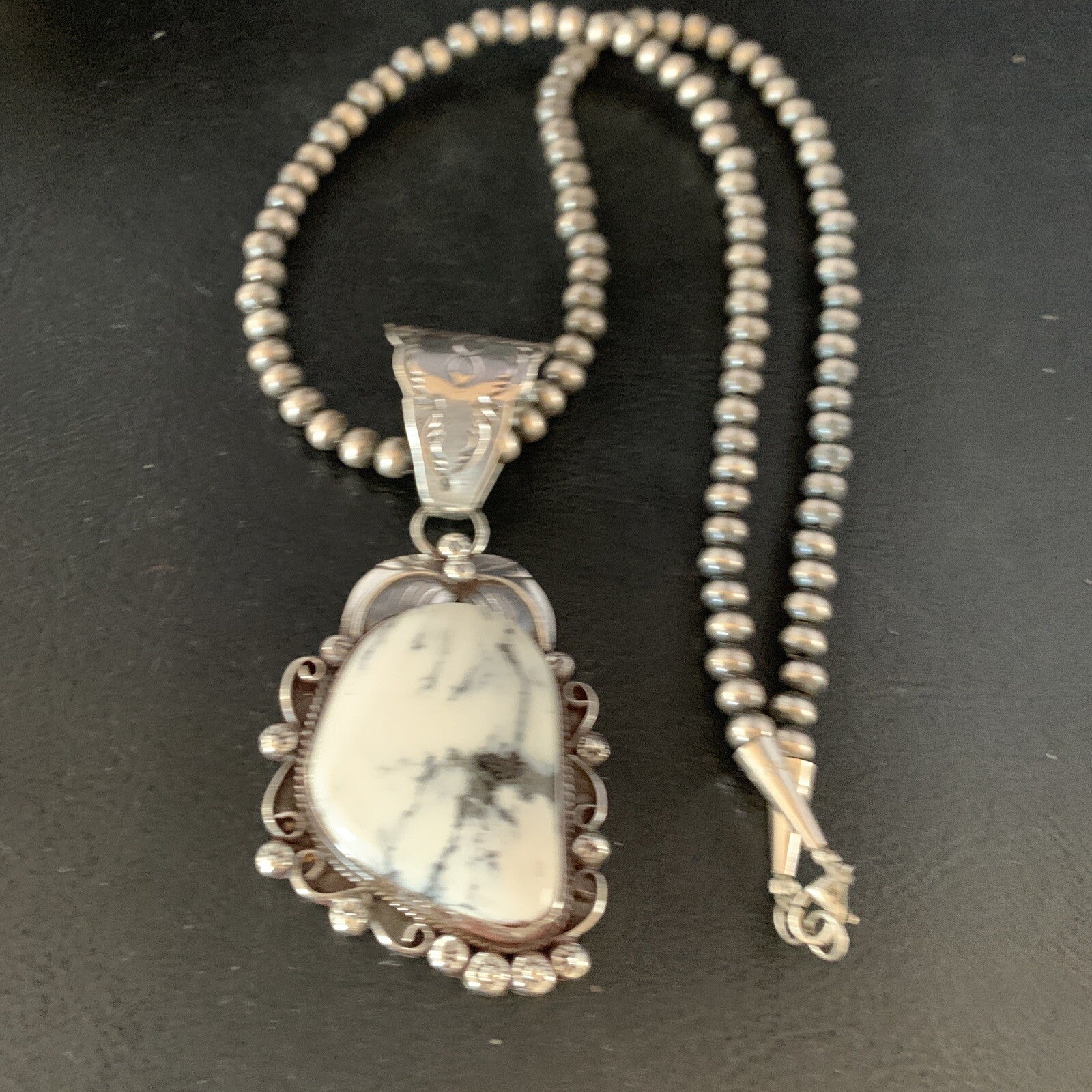 White Buffalo Turquoise Pendant Necklace Sterling Silver Navajo 13993