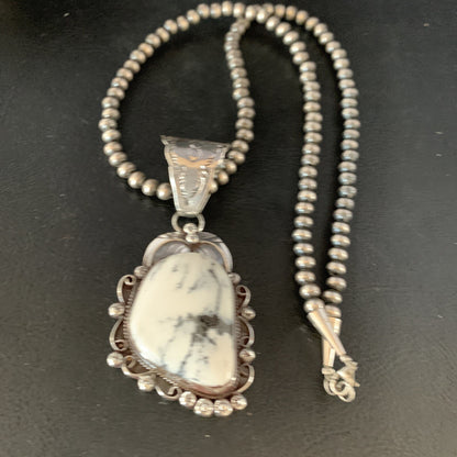 White Buffalo Turquoise Pendant Necklace Sterling Silver Navajo 13993