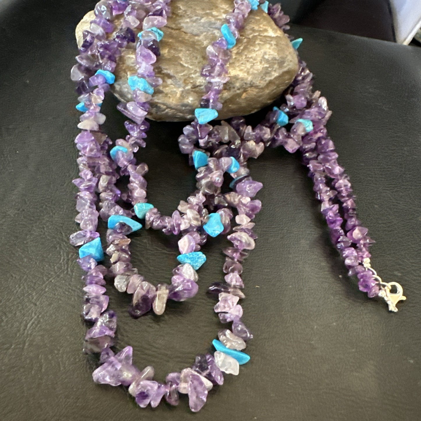 Sterling NAVAJO Purple Amethyst Blue Turquoise 3S Silver Necklace 30” 19569