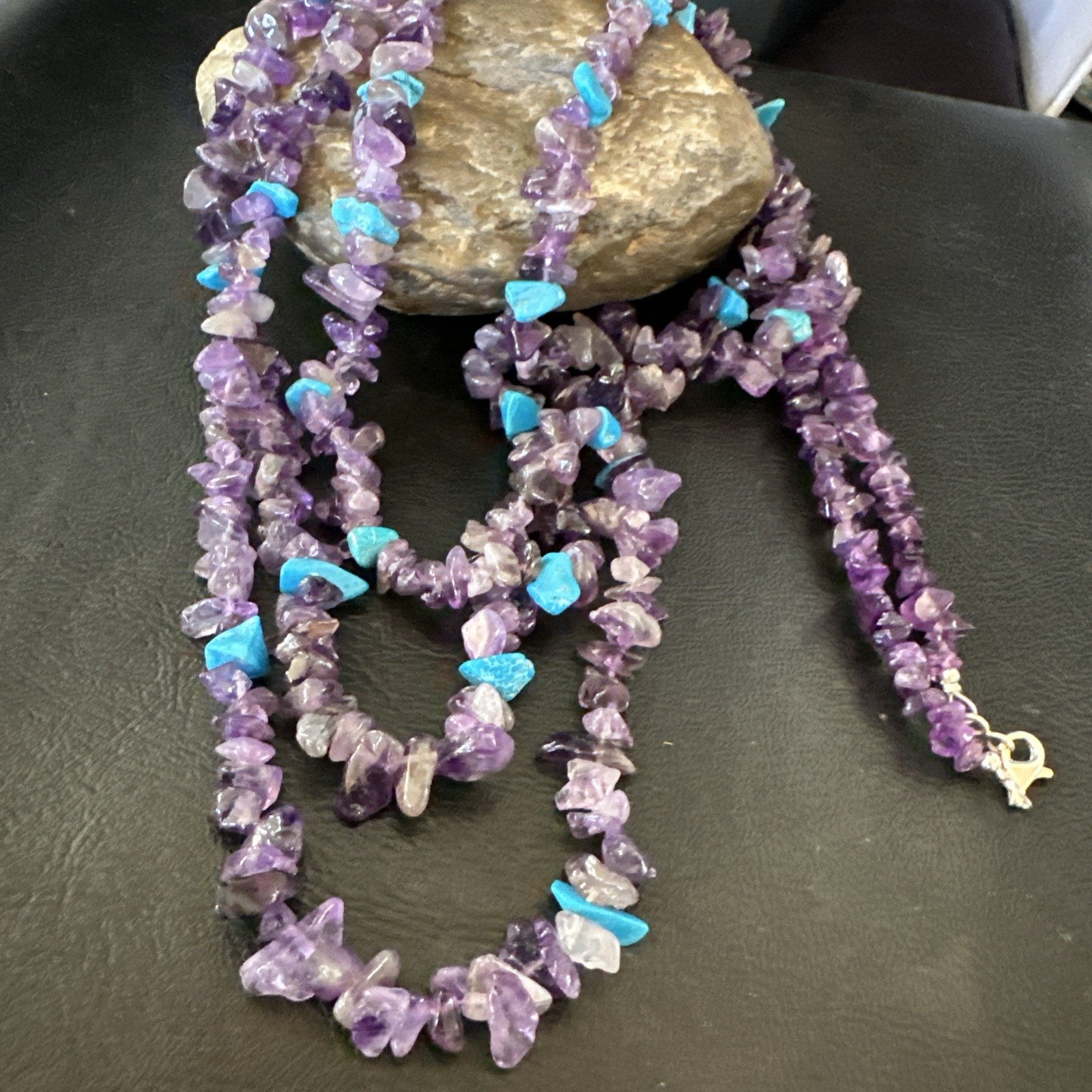 Sterling NAVAJO Purple Amethyst Blue Turquoise 3S Silver Necklace 30” 19569