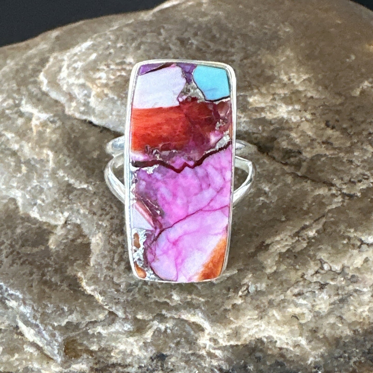 Blue Turquoise Spiny Oyster Navajo Sterling Silver Ring Size 7 18228