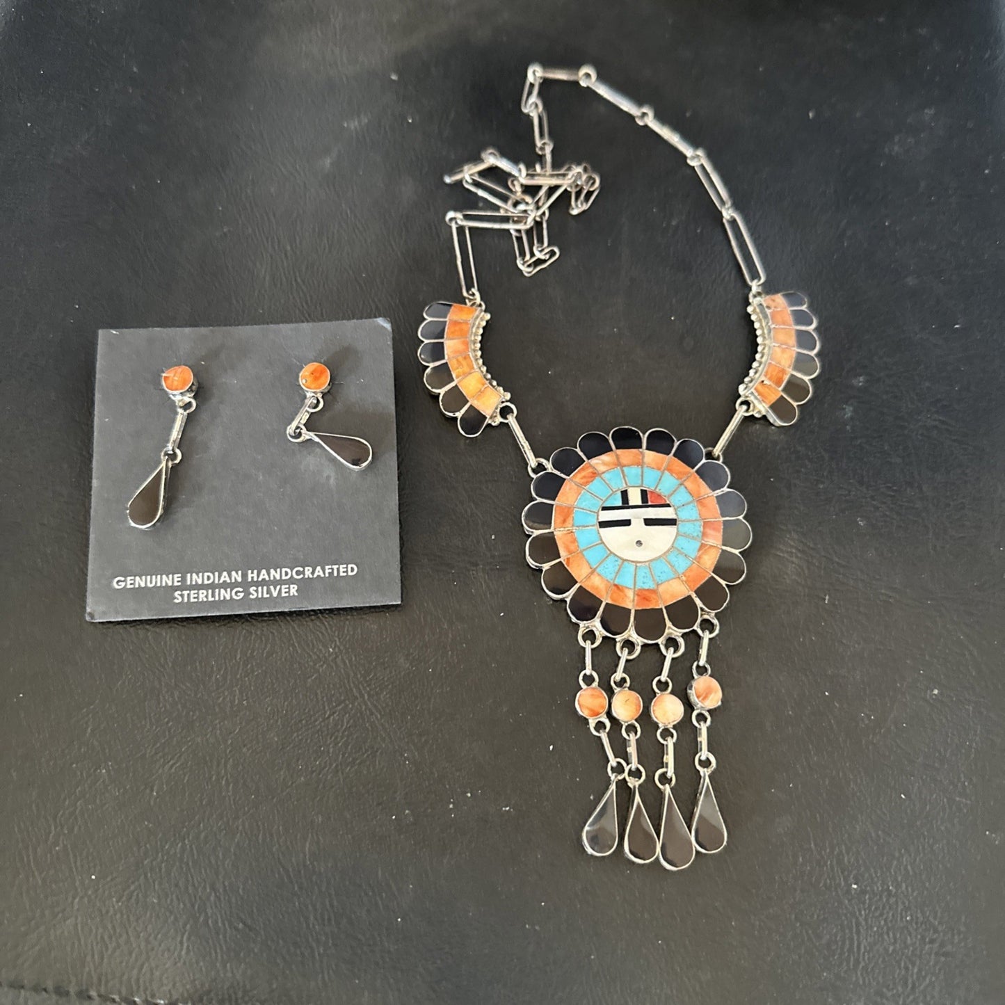 Sunface Spiny Onyx Turquoise Zuni Sterling Silver Necklace 19" Earrings 19114