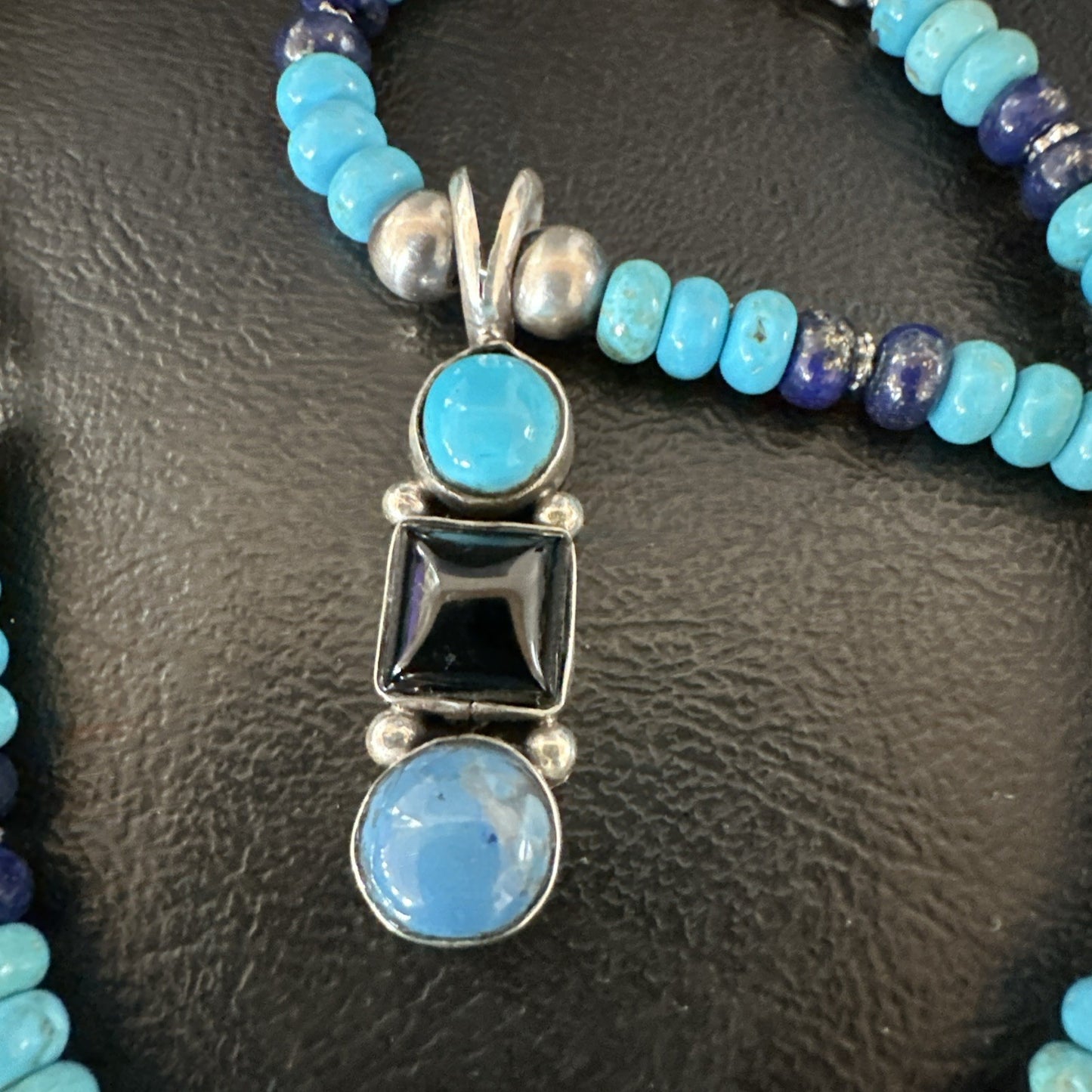 Blue Turquoise Lapis Onyx Pendant Navajo Sterling Silver Necklace 19550