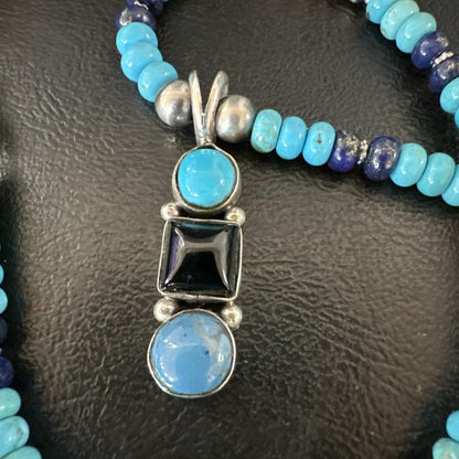 Blue Turquoise Lapis Onyx Pendant Navajo Sterling Silver Necklace 19550
