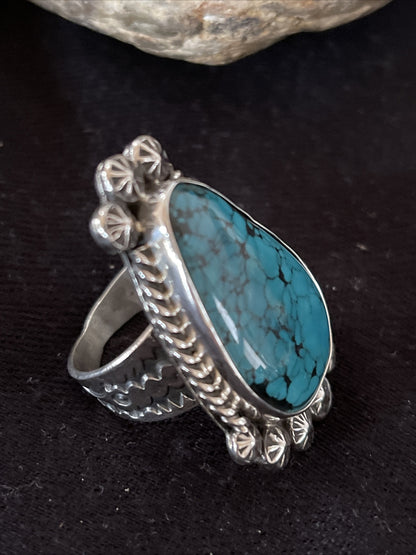 Blue Spiderweb Turquoise Navajo Sterling Silver Ring Size 10 14849