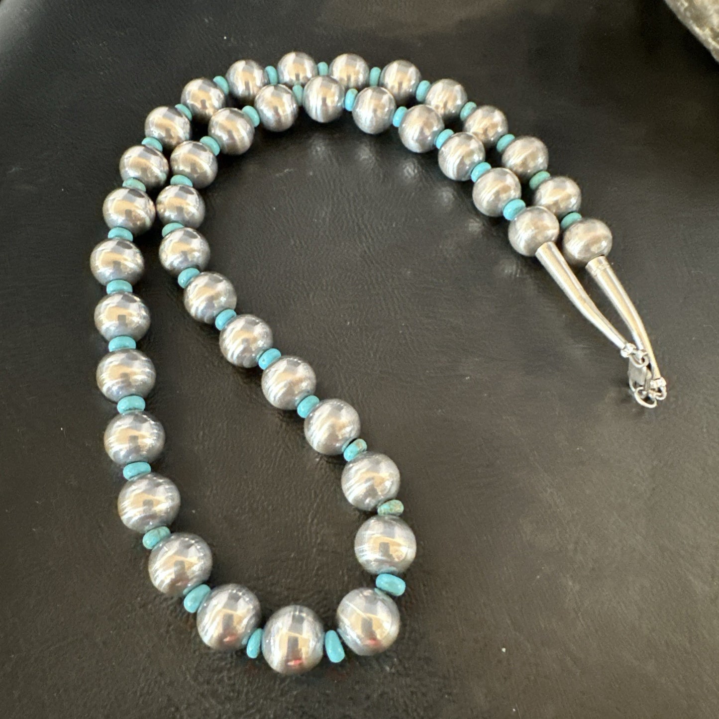 Blue Turquoise 10mm Round Sterling Silver Beads Necklace 20” 92407