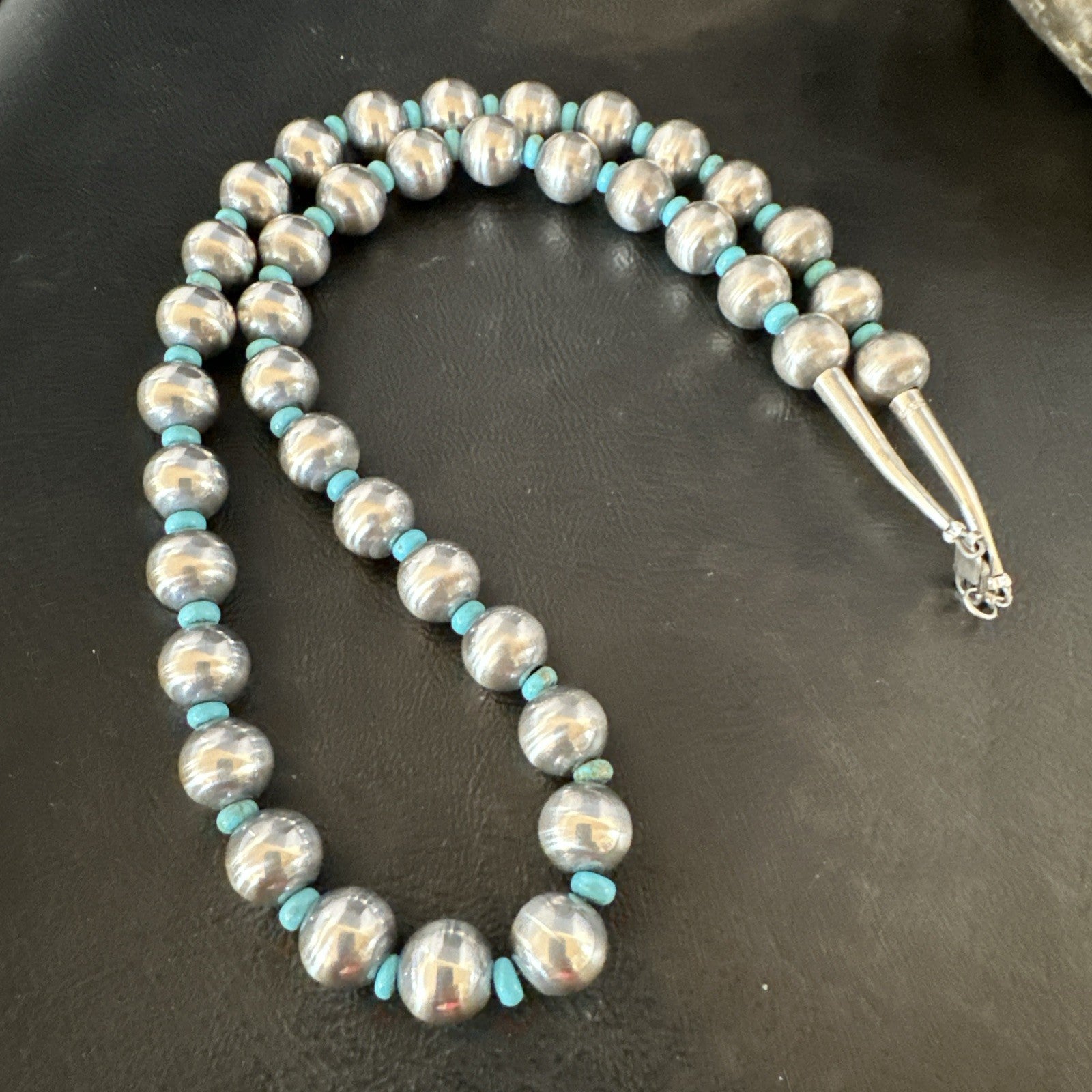 Blue Turquoise 10mm Round Sterling Silver Beads Necklace 20” 92407