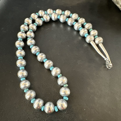 Blue Turquoise 10mm Round Sterling Silver Beads Necklace 20” 92407