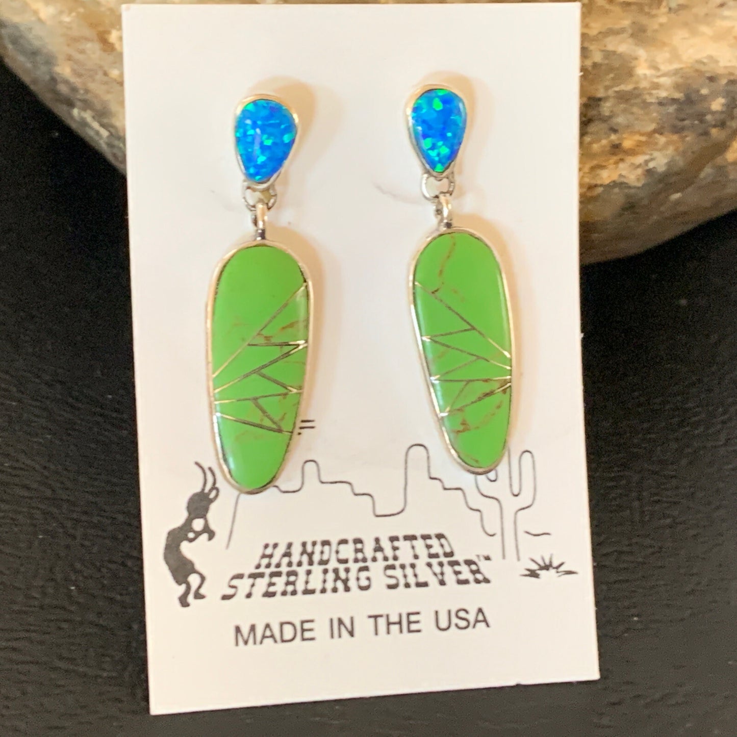 Green Gaspeite Opal Navajo Sterling Silver Inlay Earrings 1.25" 19177