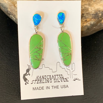 Green Gaspeite Opal Navajo Sterling Silver Inlay Earrings 1.25" 19177