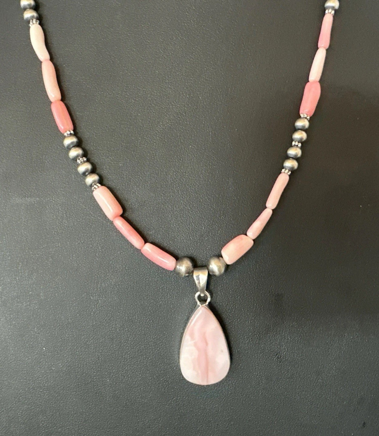 Southwestern Sterling Silver Pink Coral Bead Necklace Quartz Pendant 24" 19590