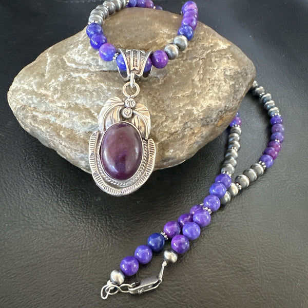 Purple Stone Pendant Navajo Pearls Necklace | Sterling Silver | Authentic Native American Handmade | 18386