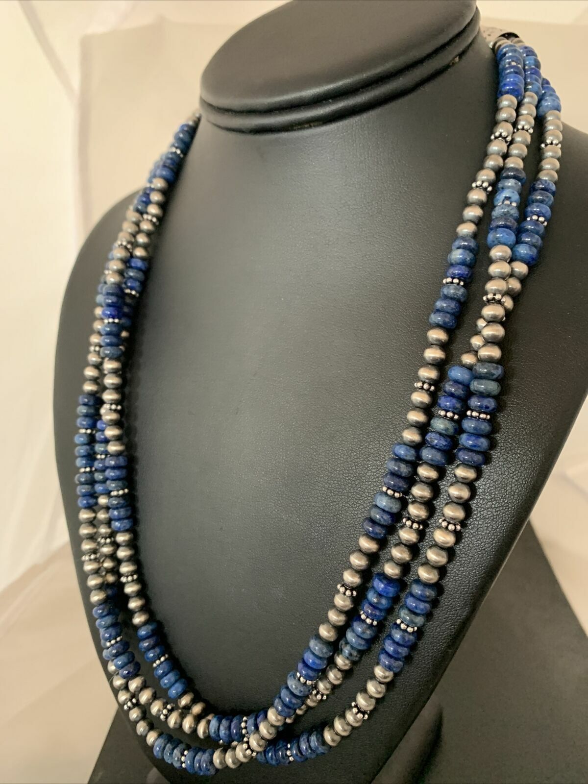 Native Navajo Pearls Denim Lapis 3 Strand Sterling Silver 21” Necklace 00929