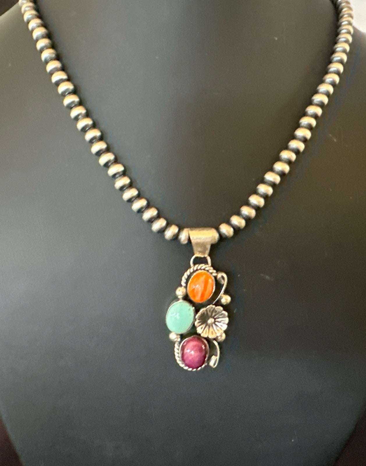 Multicolor Turquoise Spiny Navajo Sterling Silver Cluster Pendant Necklace 19311