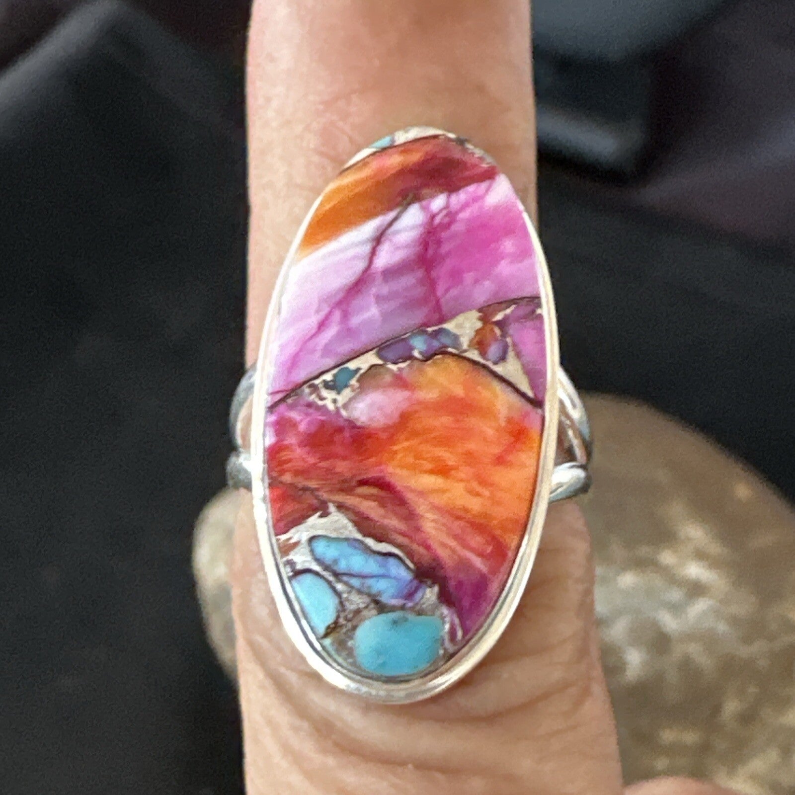 Blue Turquoise Spiny Oyster Southwestern Sterling Silver Ring Size 7 18494