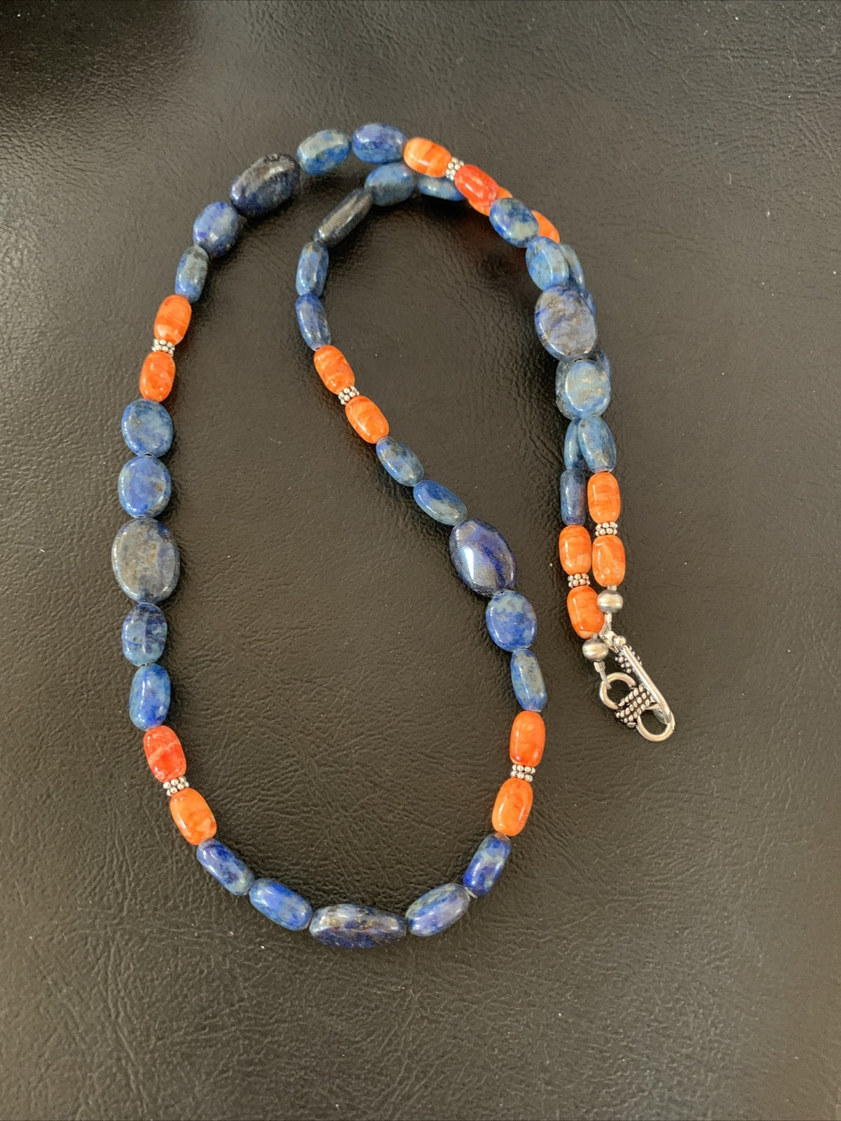 Mens Lapis Orange Spiny Oyster Navajo Pearls Sterling Silver Necklace 20" 01489