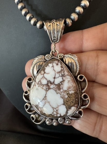 Navajo Pearls Sterling Silver Wild Crazy Horse Turquoise Necklace Pendant 19390