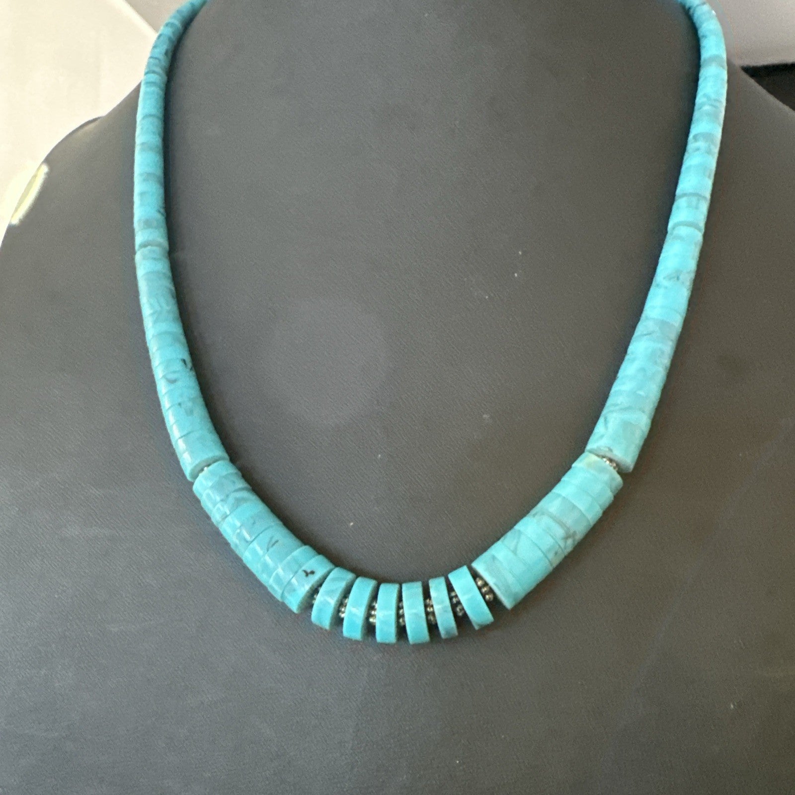 Blue Robin Egg Turquoise Heishi Stabilized Graduated Sterling 23” Necklace 19725